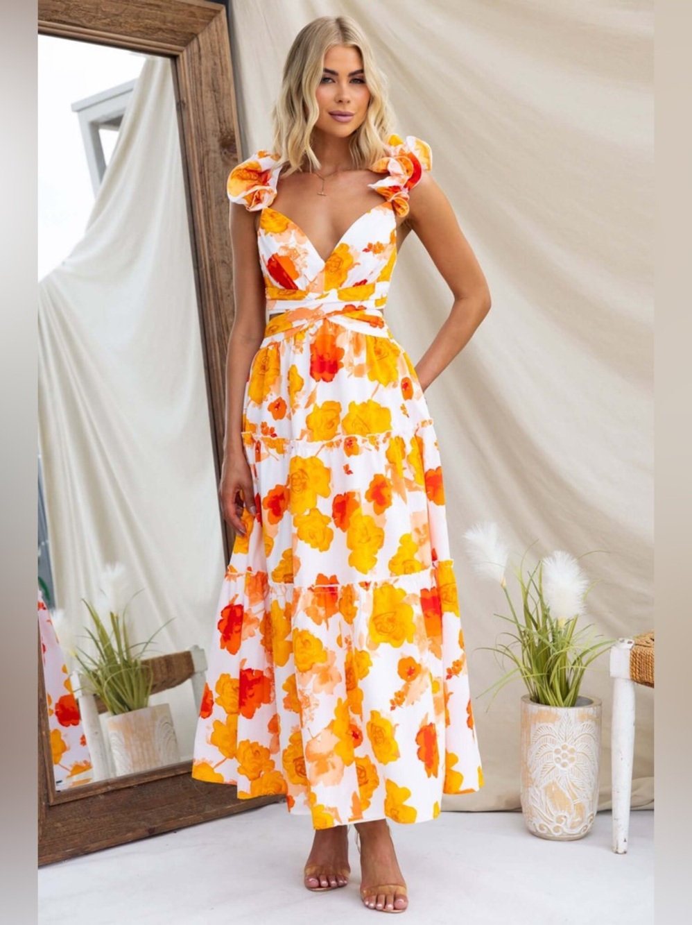 Saints and Secrets Orange Floral Ruffled Sleeve Maxi Dress Small 4